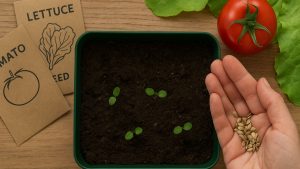 Mano sosteniendo semillas orgánicas junto a brotes en maceta y sobres de lechuga y tomate sobre mesa de madera