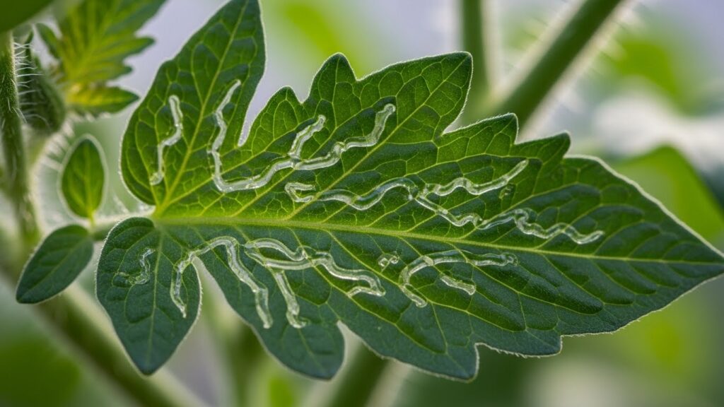 Hojas dañadas por Tuta absoluta en tomateras.