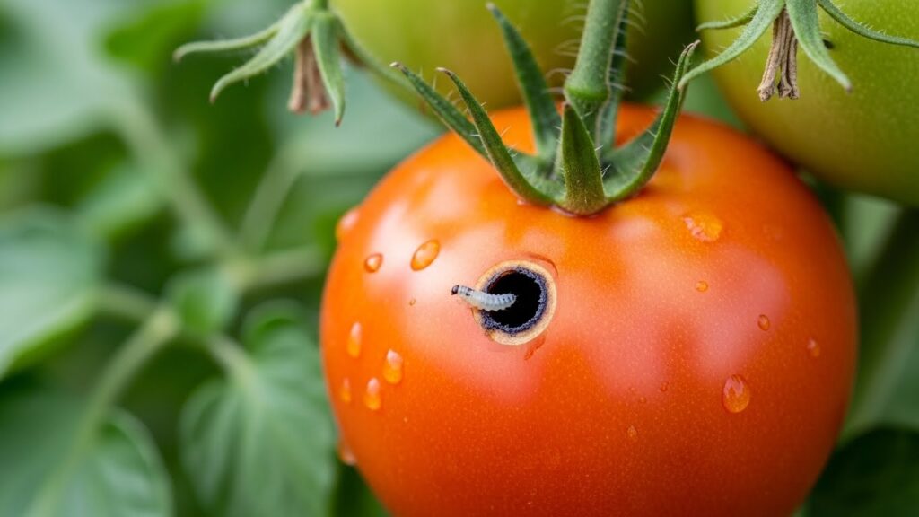 Fruto afectado por plagas del tomate y métodos orgánicos.