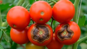 Tomate rojo con mancha negra en la base por pudrición apical debido a falta de calcio.