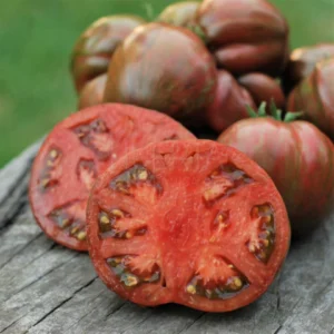 Frutos grandes de color púrpura oscuro y acanalados de Tomate Americana Ribbed Black