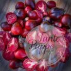 Frutos maduros de Tomate Blue Pear con forma de pera y hombros azules en huerto orgánico